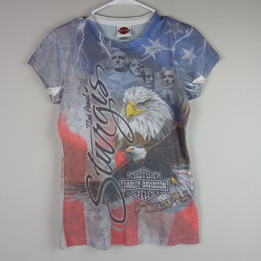Harley Davidson Womens M Blue Sturgis Eagle Mount Rushmore USA Biker Tshirt